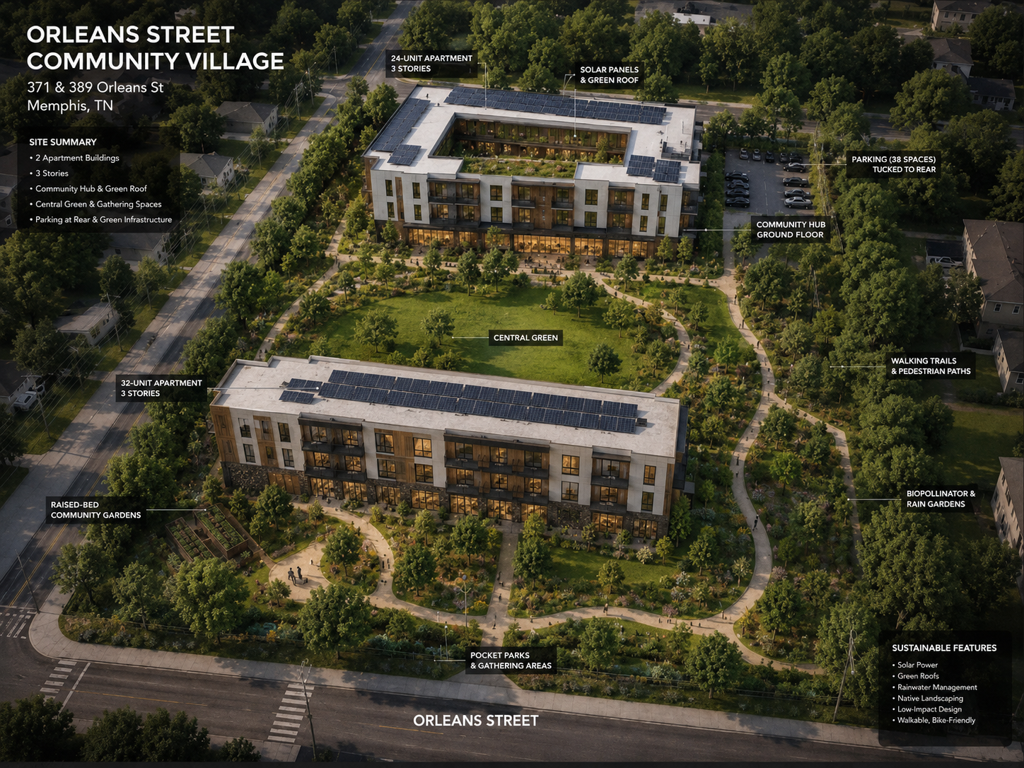 Canonical Orleans Street concept rendering showing two apartment buildings, a central green, gardens, walking paths, rear parking, and green infrastructure